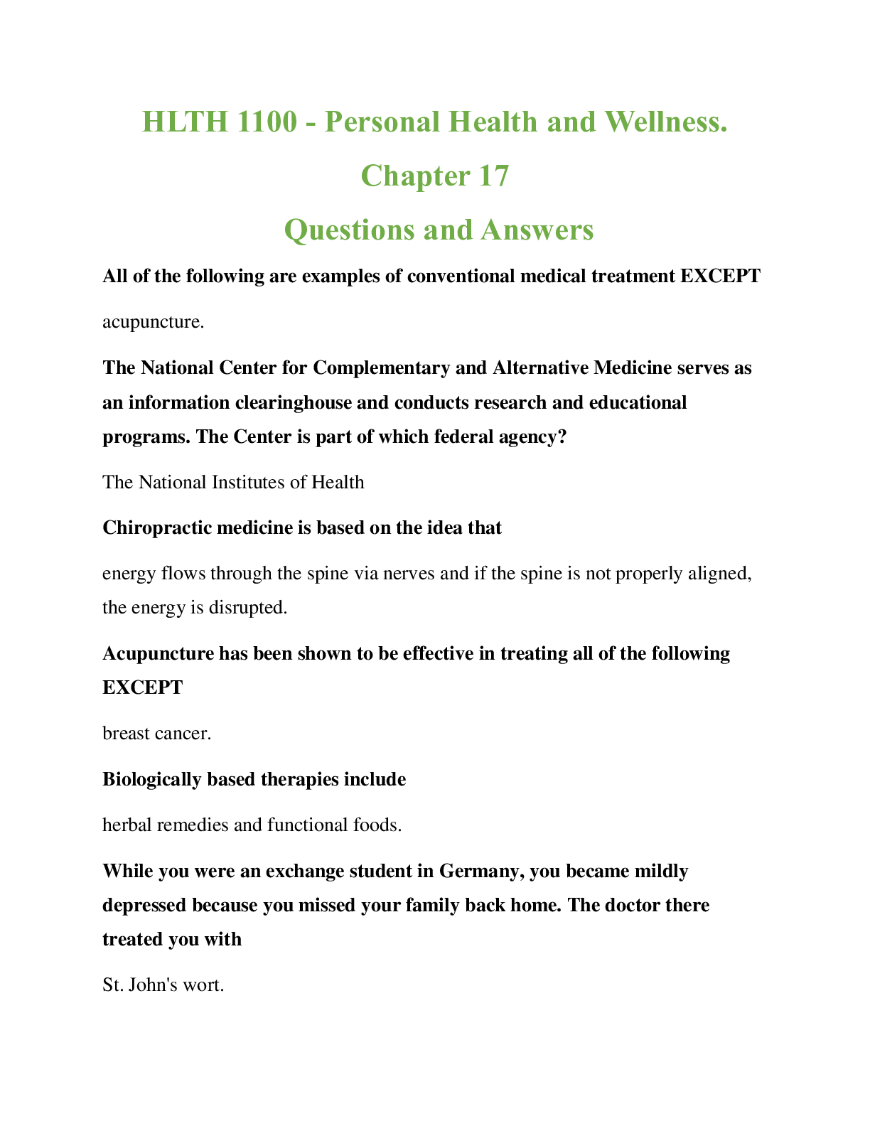 Preview image for HLTH 1100 - Personal Health and Wellness. Chapter 17  Questions and Answers.